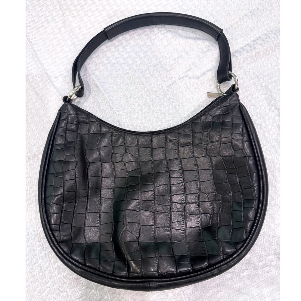 Maurizio Taiuti Hobo Bag Women Medium Black Excellent Croc Embossed Leather